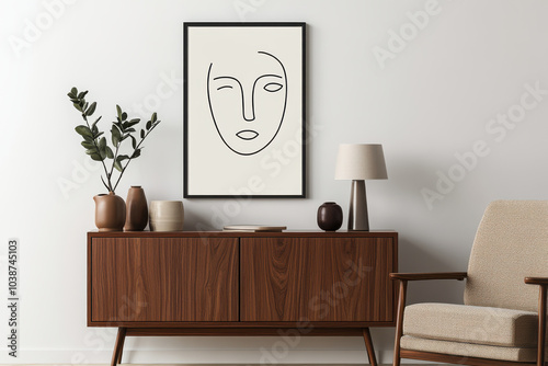 modern living room featuring stylish wooden sideboard with minimalist face artwork. decor includes cozy chair, elegant vases, and lamp, creating serene atmosphere
