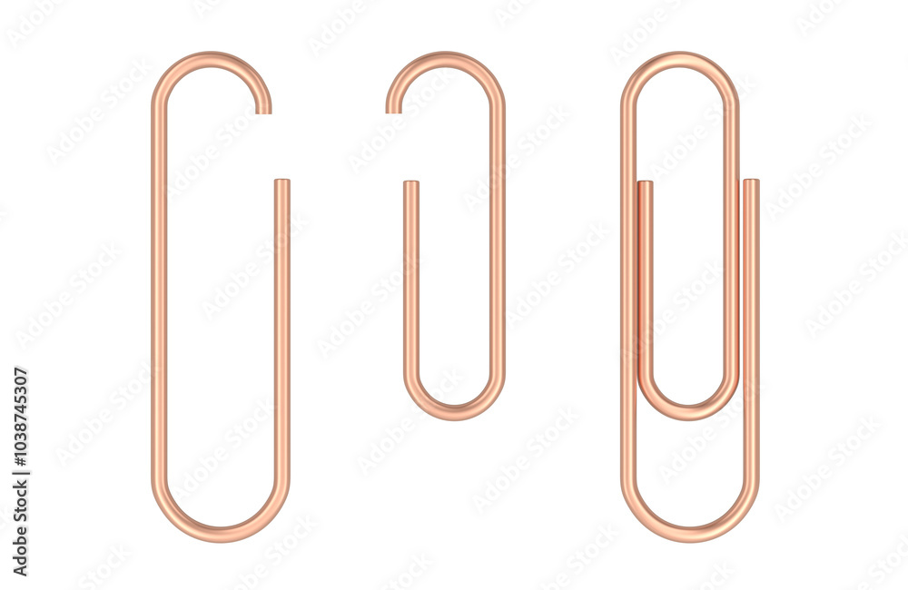 Paper Clips golden or copper on the sheet, 3D rendering isolated on transparent background Paper Clips golden or copper on the sheet, 3D rendering isolated on transparent background