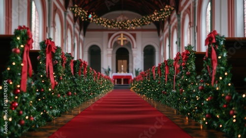 A beautifully decorated church aisle with evergreen garlands, ribbons, and warm lights, creating a festive and inviting atmosphere for Christmas celebrations.