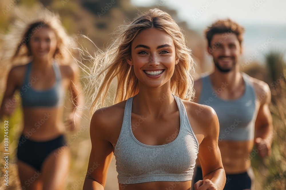 Cheerful runners enjoying a sunny day along a scenic coastal trail in the afternoon light Cheerful runners enjoying a sunny day along a scenic coastal trail in the afternoon light