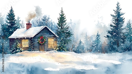 Snowy Cabin with Wreath in Watercolor Style