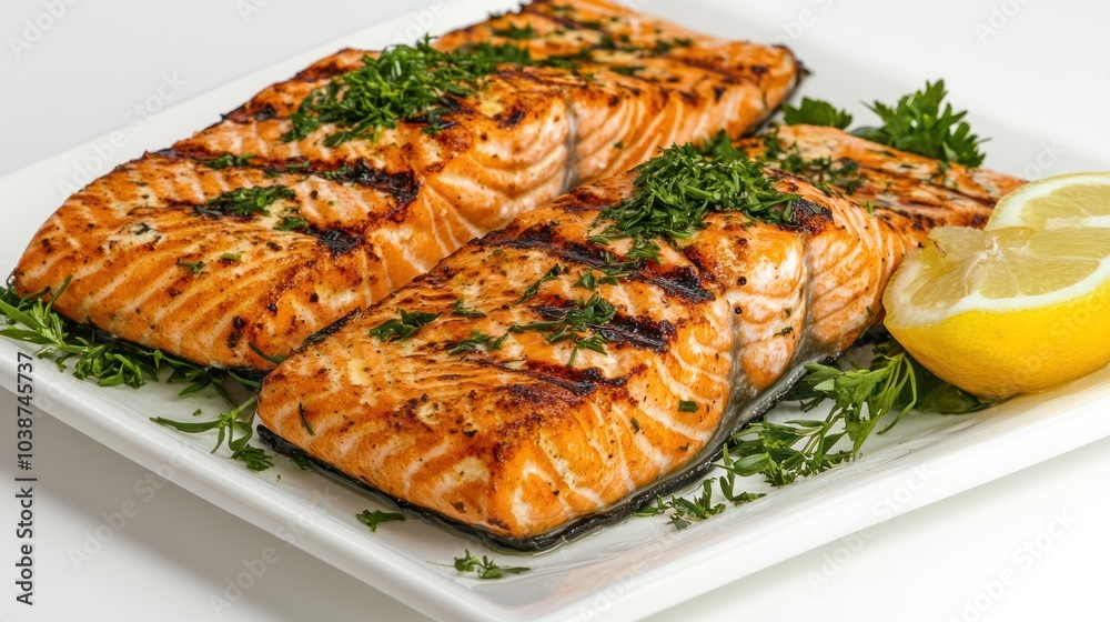 Grilled salmon fillets garnished with herbs and lemon on a white plate. Grilled salmon fillets garnished with herbs and lemon on a white plate.