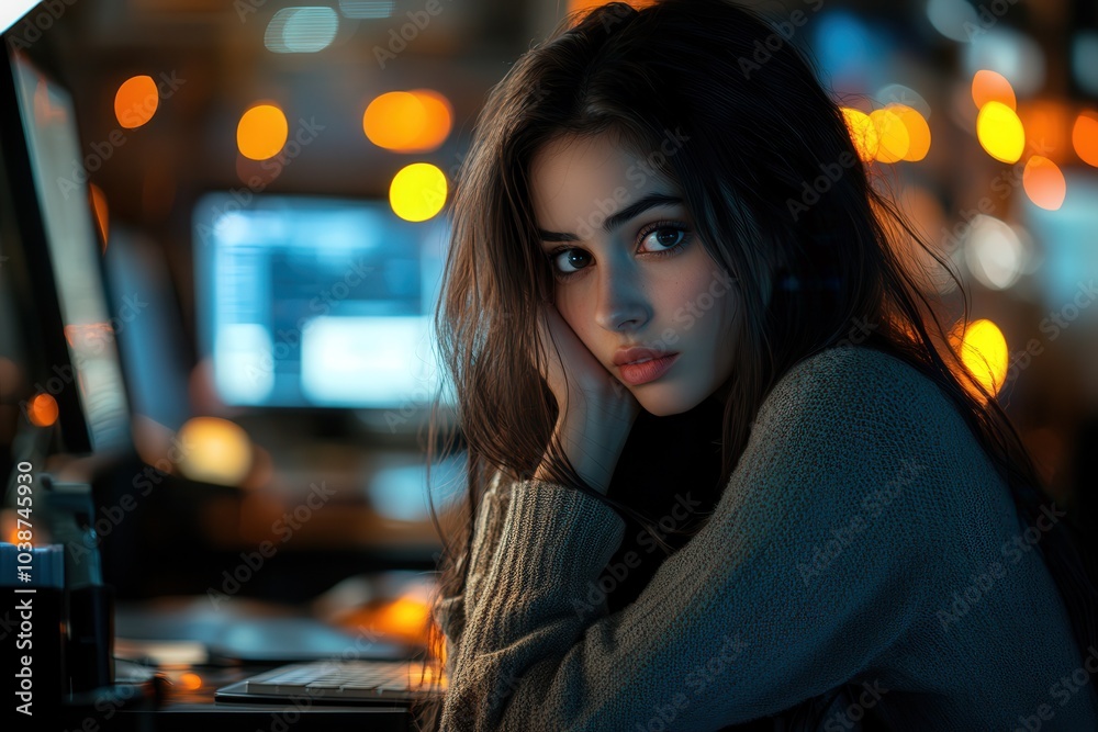 Pensive Young Woman in Modern Office Setting Pensive Young Woman in Modern Office Setting