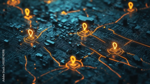 Conceptual image of a map with tracked assets marked by digital icons.