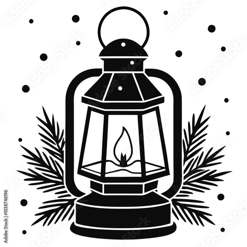 Christmas lantern glowing warmly in the snow