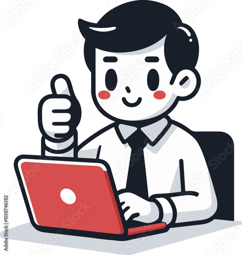 Vector cute business man working with laptop illustration.