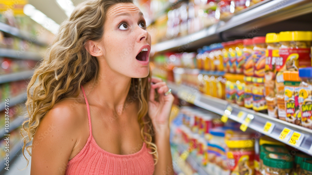 A surprised woman with curly hair stands in a grocery store aisle, looking at the shelves filled with various jars and products. She is shocked, in disbelief how much food prices increased in grocery A surprised woman with curly hair stands in a grocery store aisle, looking at the shelves filled with various jars and products. She is shocked, in disbelief how much food prices increased in grocery