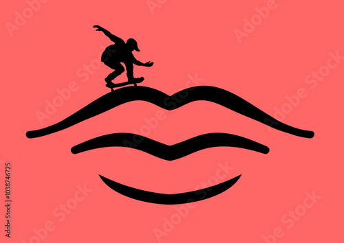 Vector illustration of a skateboarder jumping on a trampoline on beautiful female lips. Black silhouette on a pink background.