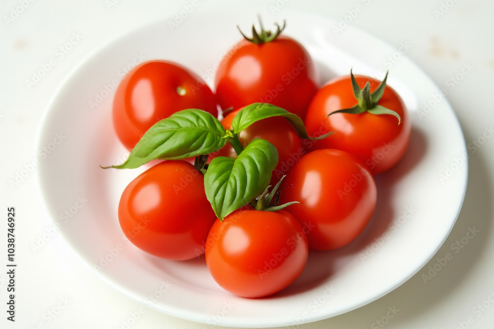 fresh tomatoes basil make sweet combination crisp white plate fresh tomatoes basil make sweet combination crisp white plate