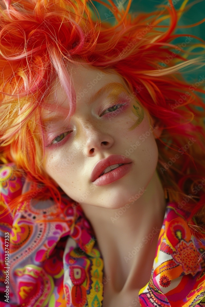 A striking portrait of a woman with vibrant red hair and psychedelic clothing, posing with an air of bold confidence in a colorful setting. A striking portrait of a woman with vibrant red hair and psychedelic clothing, posing with an air of bold confidence in a colorful setting.
