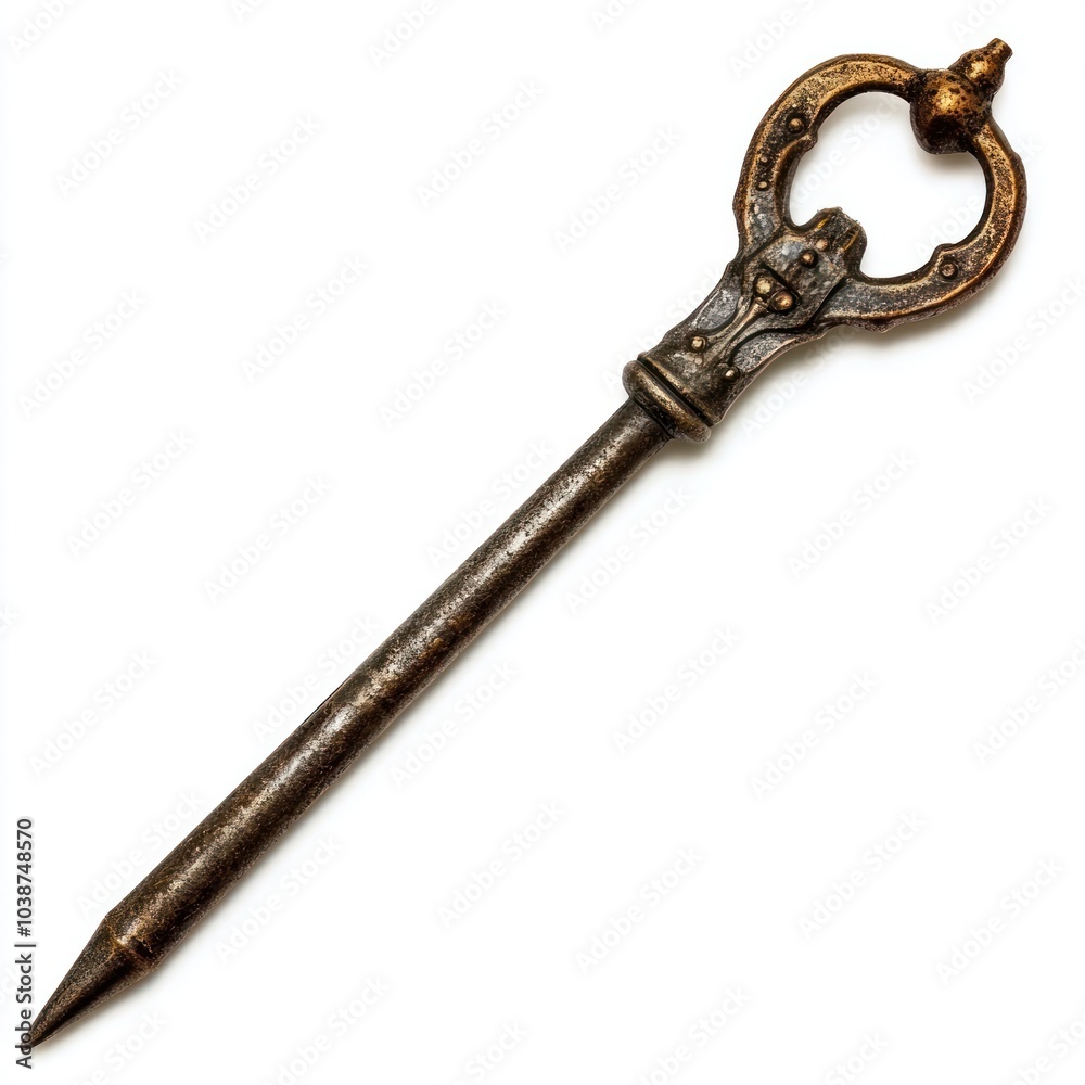 An ornate metal key with a decorative handle and pointed tip. An ornate metal key with a decorative handle and pointed tip.