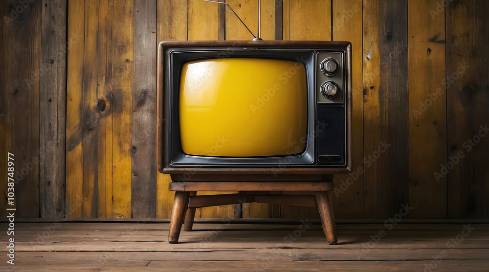 Old vintage tv with antenna on wooden table isolated on yellow background, template with copy space area,
