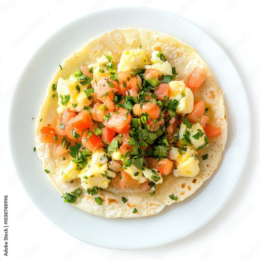 A tortilla topped with scrambled eggs, tomatoes, and cilantro, served on a white plate. A tortilla topped with scrambled eggs, tomatoes, and cilantro, served on a white plate.