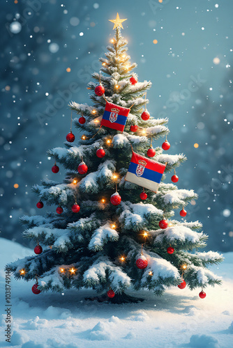 owy christmas tree features serbia flag festive holiday design decorations winter wonderland backdrop unique greeting card photo