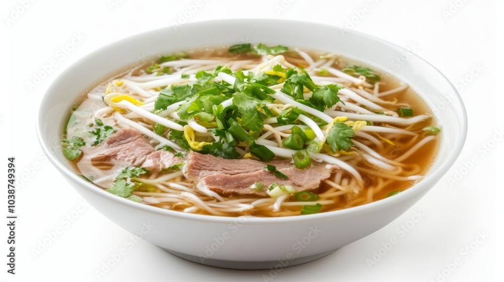 Delicious bowl of noodle soup with herbs and sprouts Delicious bowl of noodle soup with herbs and sprouts