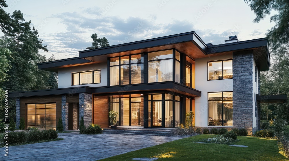 House 3d modern style rendering on white background. House 3d modern style rendering on white background.