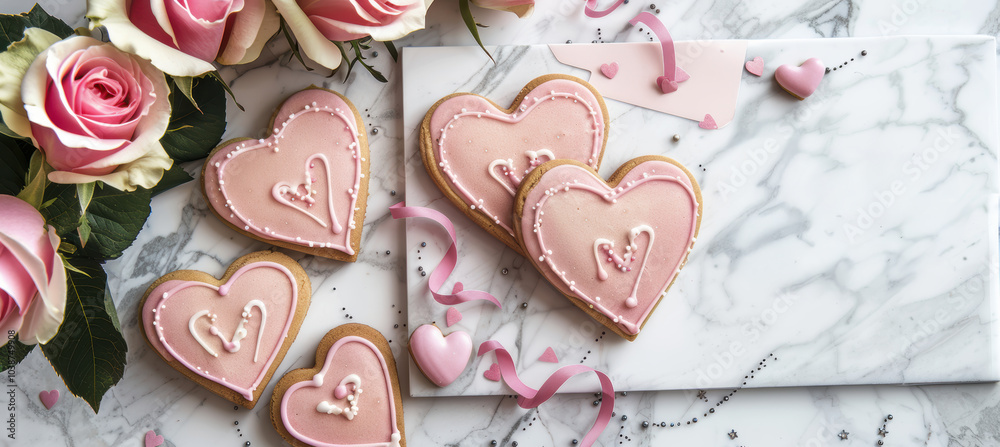 Valentine's Day Banner Featuring Heart-Shaped Cookies and Roses on Marble for Elegant Designs Valentine's Day Banner Featuring Heart-Shaped Cookies and Roses on Marble for Elegant Designs