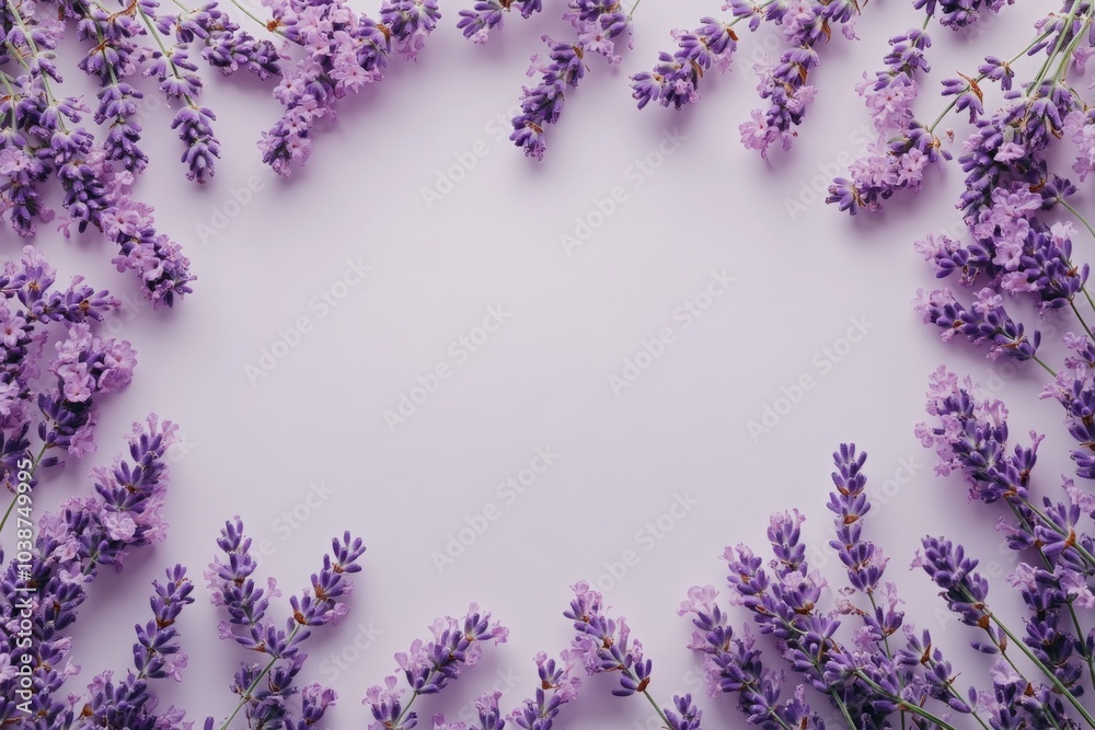 Lavender flowers making a frame on a pastel purple background. Copy space for text Lavender flowers making a frame on a pastel purple background. Copy space for text