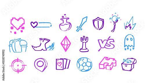 Game Items Doodle Hand-Drawn Line in Vector Art