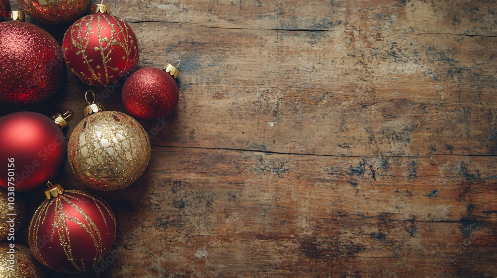 Obraz premium christmas ornaments rustic wood background - red gold festive decoration