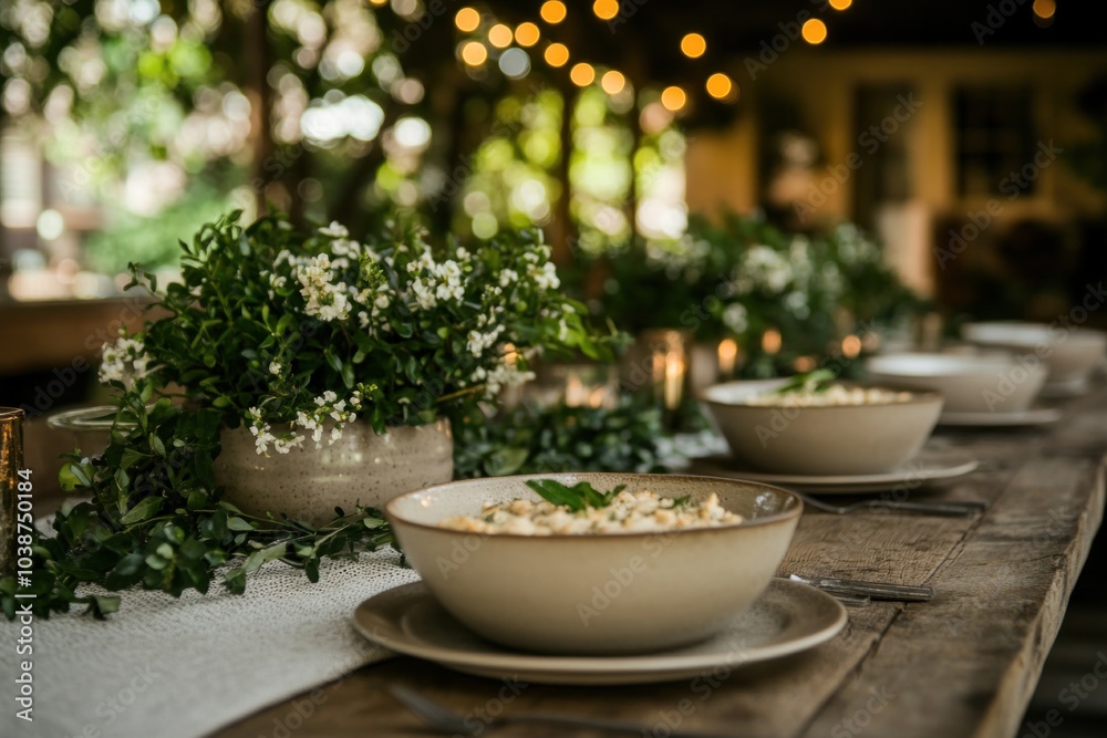 Rustic table setting with bowls of food and green floral centerpiece