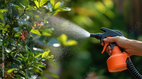 A hand holding a spray nozzle, misting water on green plants in a garden.