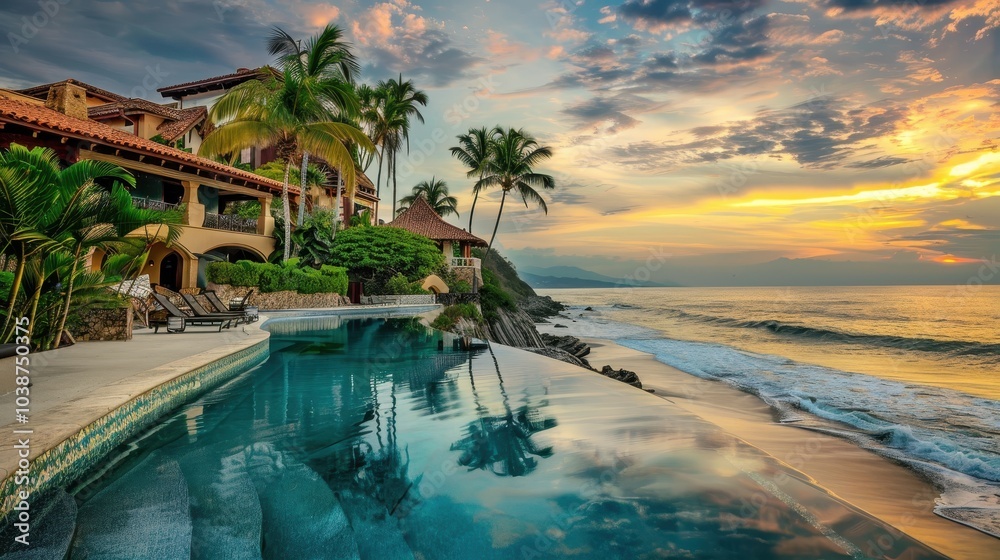 Fototapeta premium Serene Beachfront Resort with Infinity Pool at Sunset