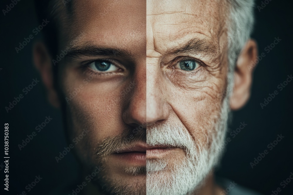 Young and old man combining faces showing aging process Young and old man combining faces showing aging process