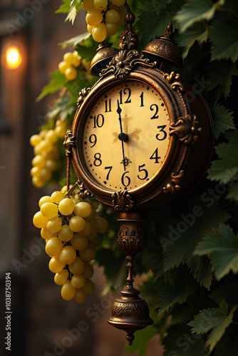 twelve grapes thrown midnight good luck twelve bells ringing around festive clock striking midnight photo