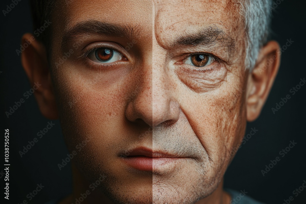 Fototapeta premium Young and old man combining faces showing aging process