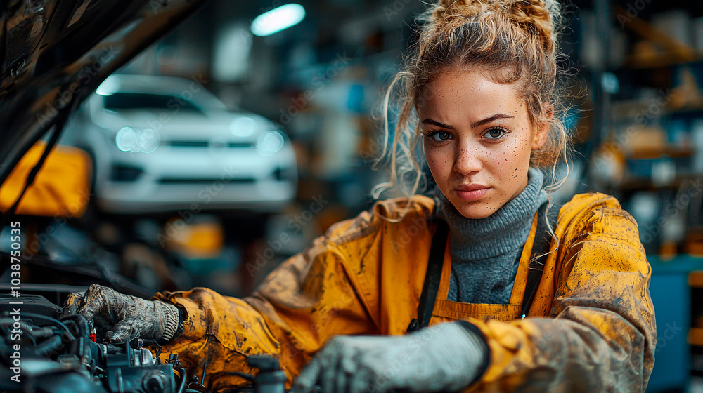 Female car mechanic in the workshop observing the engine of a car with the hood open. Generative AI Female car mechanic in the workshop observing the engine of a car with the hood open. Generative AI