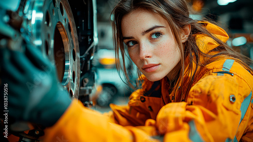 Female car mechanics in the workshop observing a car brake disc. Generative AI
