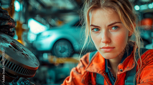 Female car mechanics in the workshop observing a car brake disc. Generative AI