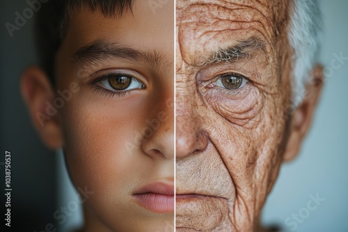 Half young half old man face showing aging process photo