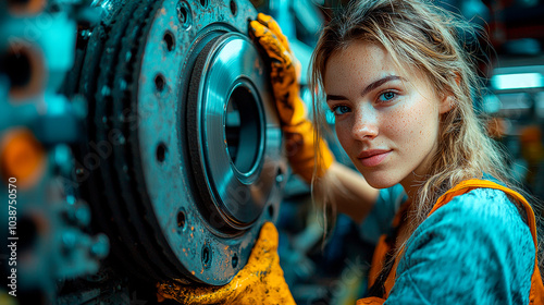 Female car mechanics in the workshop observing a car brake disc. Generative AI