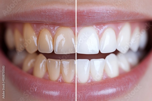 Woman smiling showing teeth whitening before and after treatment