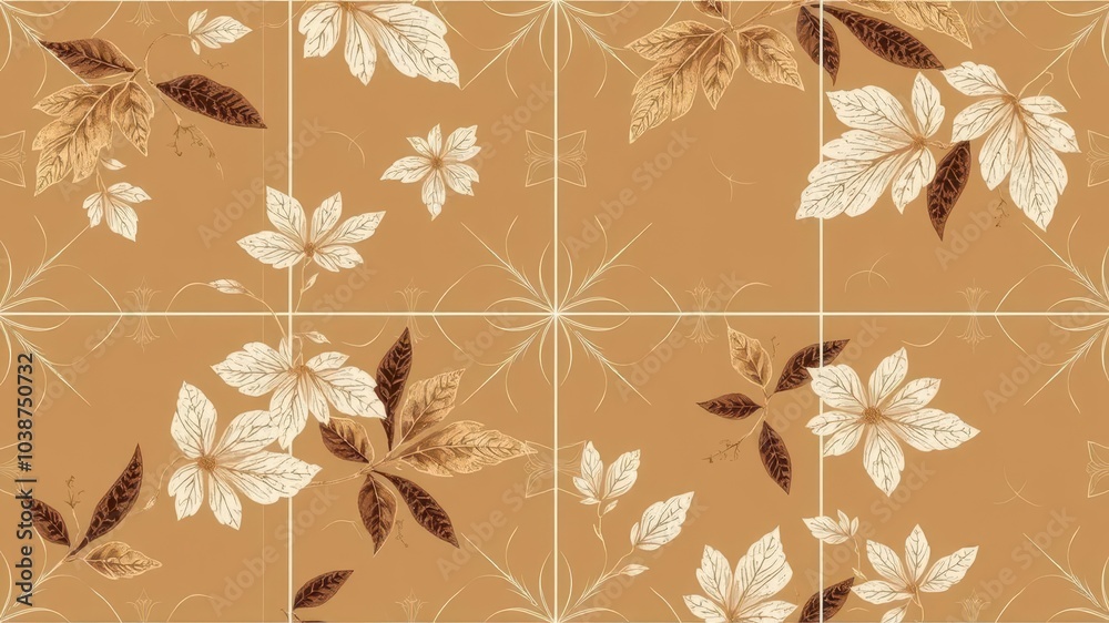 Fototapeta premium A luxury Japanese style seamless tile with exotic leaves pattern in light and dark brown. Continuous summer hawaiian fabrics background. Graphic foliage ornament pattern. Backdrop, fabric painting.