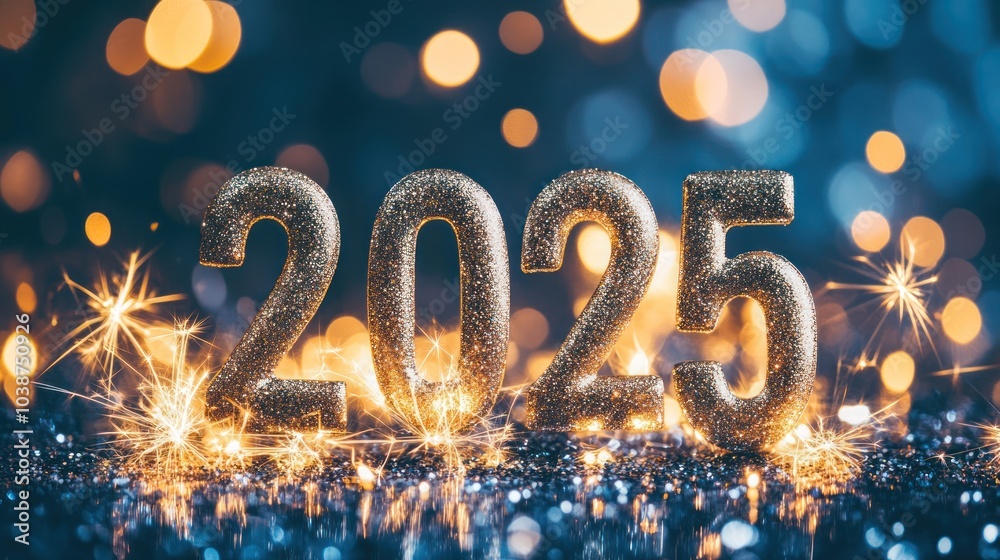 A sparkling representation of the year 2025 with festive bokeh lights. A sparkling representation of the year 2025 with festive bokeh lights.