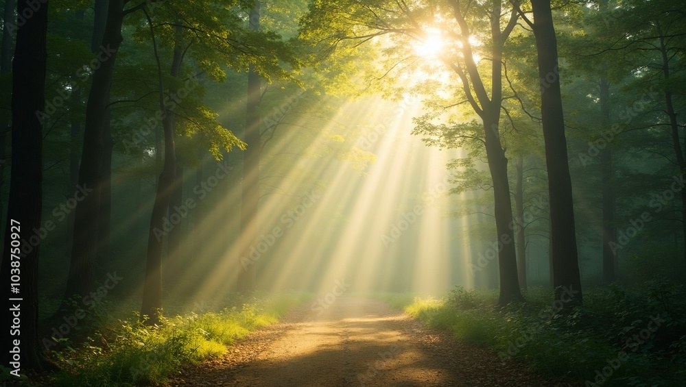 Fototapeta premium Tranquil forest scene with sun rays filtering through canopy illuminating dust particles in air