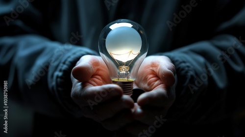 Hands holding a glowing light bulb