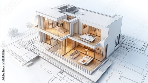 Projet de construction d'une maison d'habitation moderne d'architecte sous forme d'esquisse avec plan