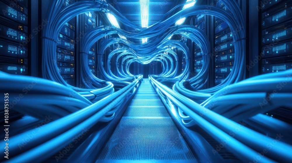 Rows of blue Ethernet cables connected to a server rack symbolizing organized data flow and structured network management Rows of blue Ethernet cables connected to a server rack symbolizing organized data flow and structured network management