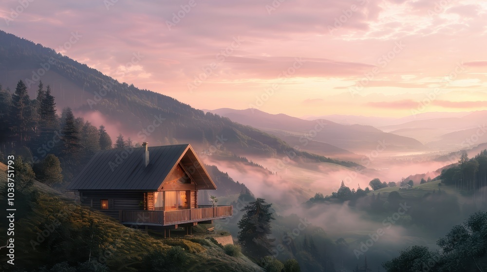 Fototapeta premium Serene Mountain Cabin Overlooking Misty Valley