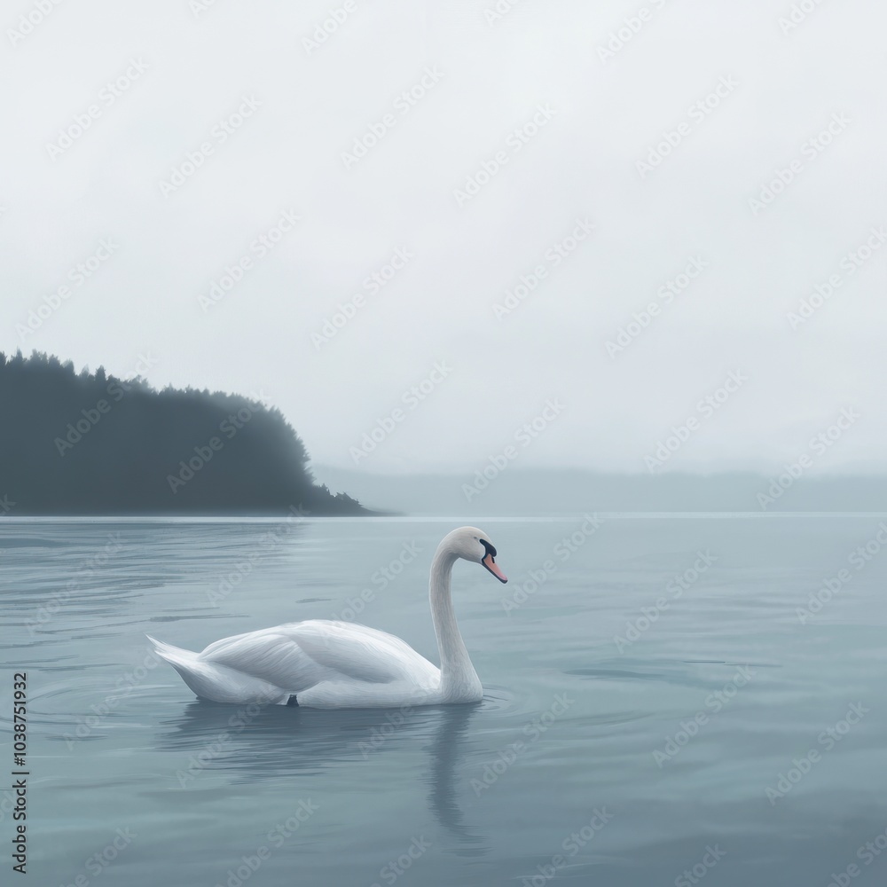 A serene swan glides across a calm, misty lake surrounded by distant trees. A serene swan glides across a calm, misty lake surrounded by distant trees.
