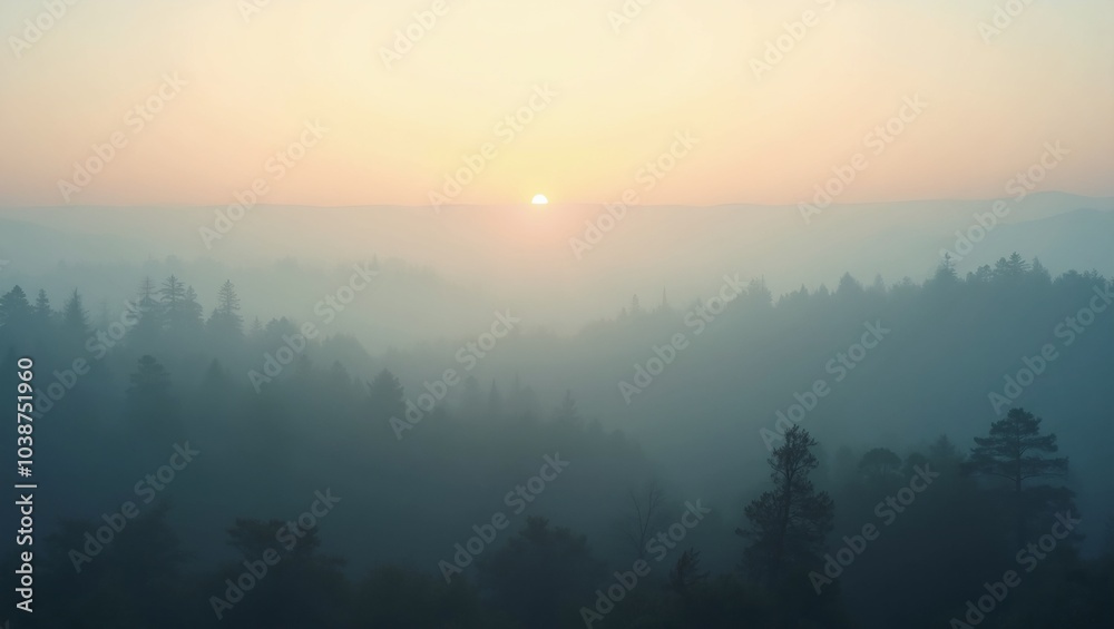 Mysterious fog enveloping serene forest at dawn Mysterious fog enveloping serene forest at dawn