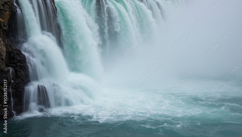 Powerful waterfall with mist cascading down smooth rocks creating a dynamic and ethereal scene Powerful waterfall with mist cascading down smooth rocks creating a dynamic and ethereal scene