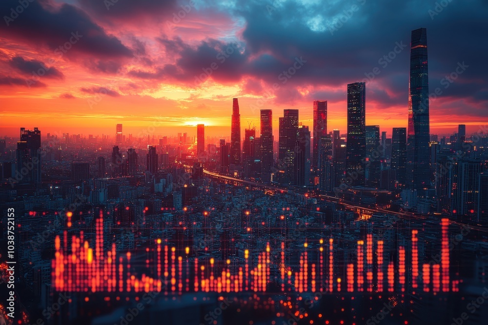 Fototapeta premium Vibrant skyline at sunset highlighting urban landscape and skyline elements from a high viewpoint