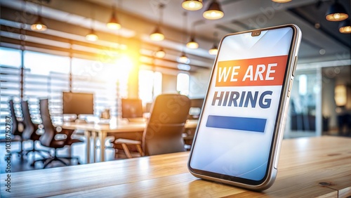 "We Are Hiring" Sign Displayed on Smartphone in Office