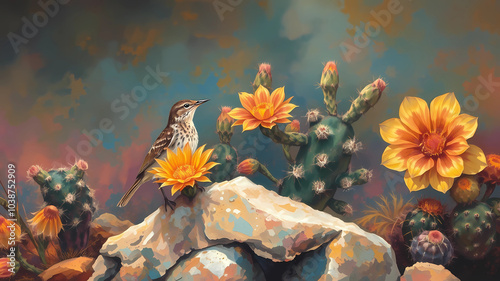 cactus wren bird on a rock colorful background arizona desert dark sky artwork painting cactus big flowers abstract cactus flower