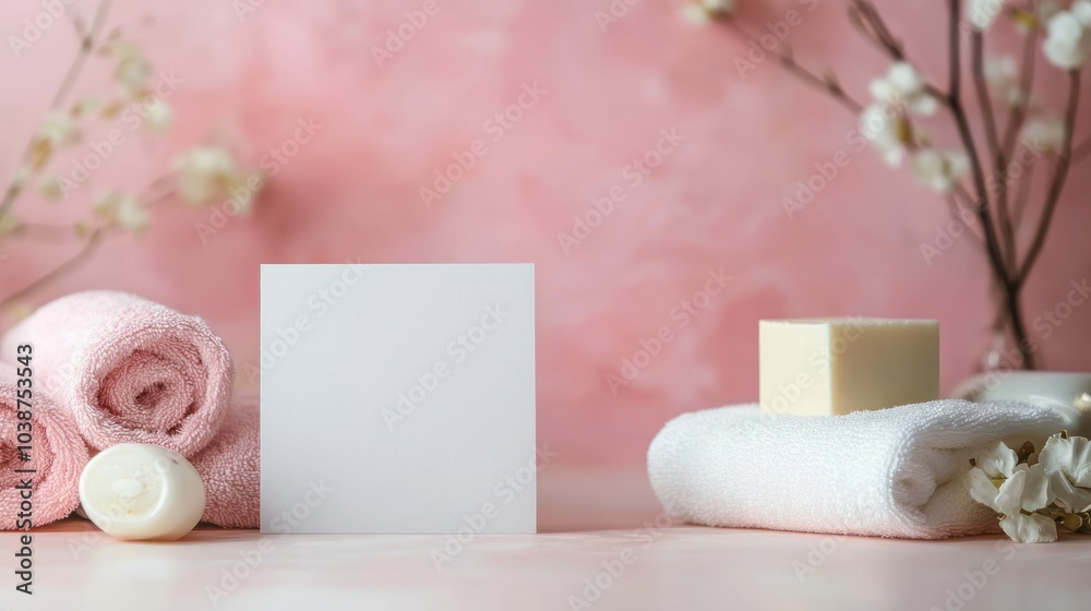 A serene spa setting with towels, soap, and a blank card for customization. A serene spa setting with towels, soap, and a blank card for customization.